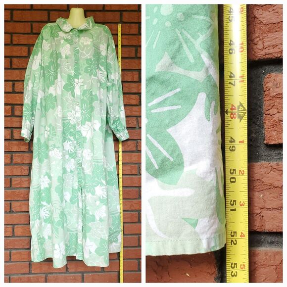 VTG Long Sleeve Cotton Shirt Dress Plus Sz 3X Green Floral Pearl Snap Pockets - Picture 7 of 12